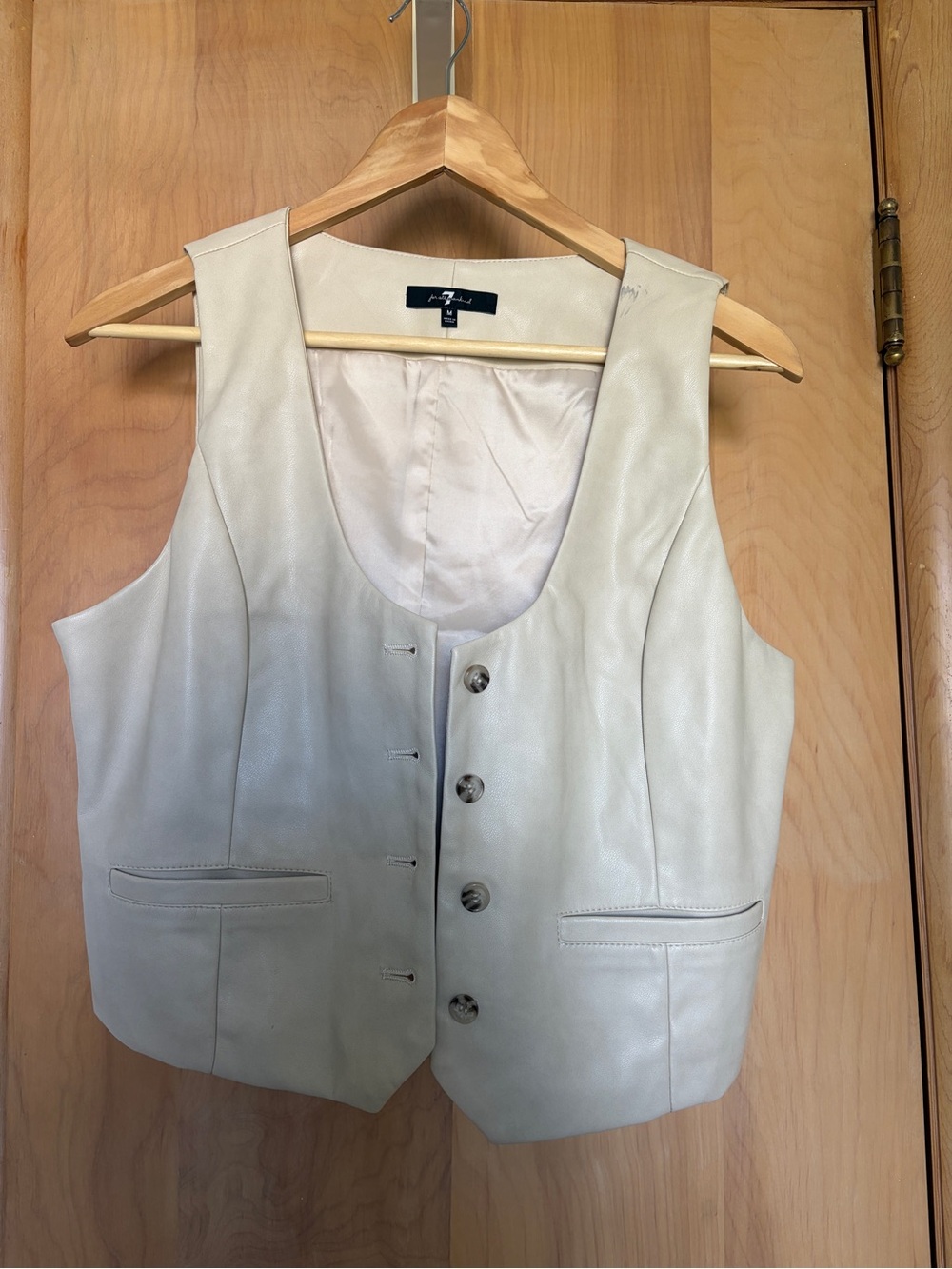 7 For All Mankind Leather Like Button-Front Vest in Light Beige